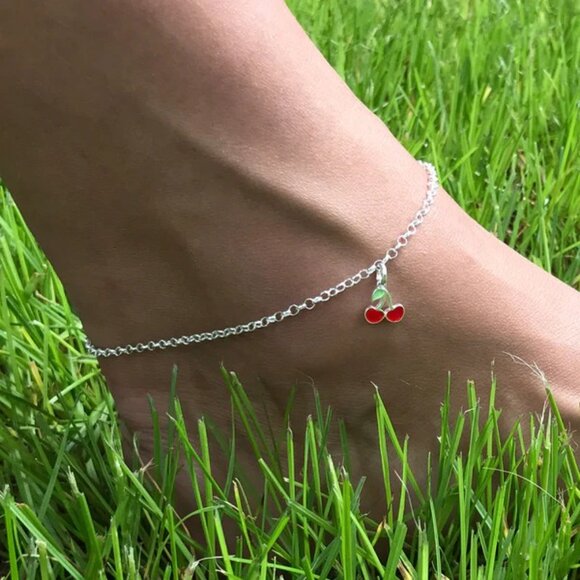 DELIGHTFUL STERLING SILVER ROLO CHAIN ANKLET CUTE ENAMEL CHERRY CHARM ADORNMENT - Picture 3 of 3